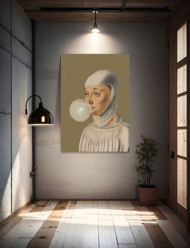 GRAFIKA NA PŁÓTNIE - Kobieta z Gumą Balonową OLIWKOWY