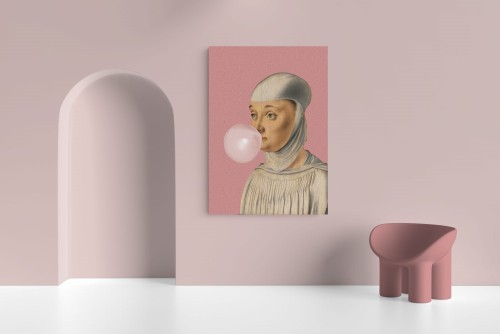 GRAFIKA NA PŁÓTNIE - Kobieta z Gumą Balonową RÓŻOWY