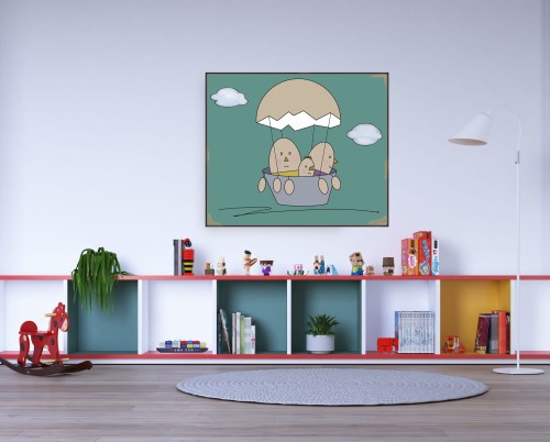 GRAFIKA NA PŁÓTNIE - Rodzina Jajek Leci Balonem