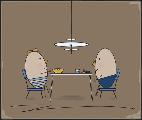 GRAFIKA NA PŁÓTNIE - Pan i Pani Jajko w Restauracji kakaowy