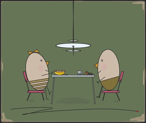 GRAFIKA NA PŁÓTNIE - Pan i Pani Jajko w Restauracji zielony