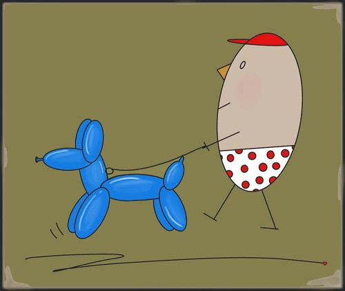 GRAFIKA NA PŁÓTNIE - Pan Jajko Na Spacerze z Balonowym Psem  oliwkowy