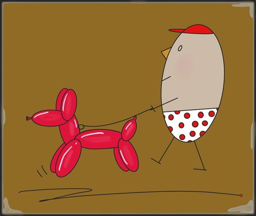 GRAFIKA NA PŁÓTNIE - Pan Jajko Na Spacerze z Balonowym Psem  brązowy