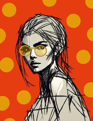 WOMAN WITH GLASSES – ORANGE. Designerski obraz na płótnie autorstwa Katarzyny Jasyk. Pop-art, modernizm, intensywne kolory. Odkryj kolekcję Ravenart.