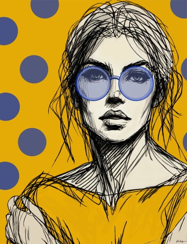 WOMAN WITH GLASSES YELLOW – nowoczesny obraz kobiety w niebieskich okularach na żółtym tle, Katarzyna Jasyk dla Ravenart