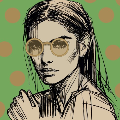 WOMAN WITH GLASSES GREEN – nowoczesny obraz na płótnie z portretem kobiety w okularach na zielonym tle, Katarzyna Jasyk, Ravenart.