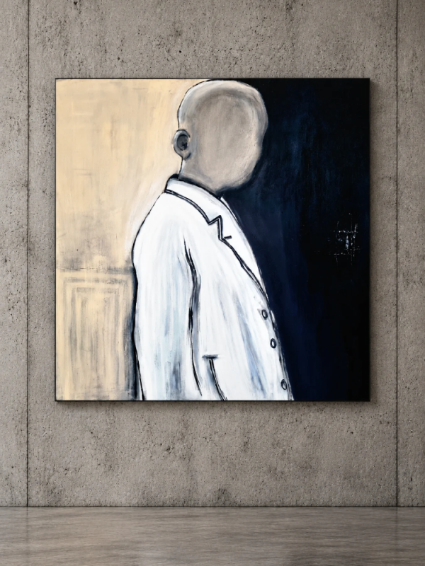 Obraz LONELY Katarzyna Jasyk – ręcznie malowany portret na płótnie 100 × 100 cm w kolorach beżu, bieli i granatu.
