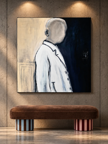 Obraz LONELY Katarzyna Jasyk – ręcznie malowany portret na płótnie 100 × 100 cm w kolorach beżu, bieli i granatu.