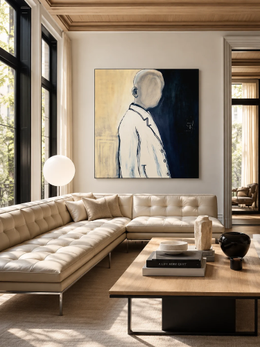 Obraz LONELY Katarzyna Jasyk – ręcznie malowany portret na płótnie 100 × 100 cm w kolorach beżu, bieli i granatu.