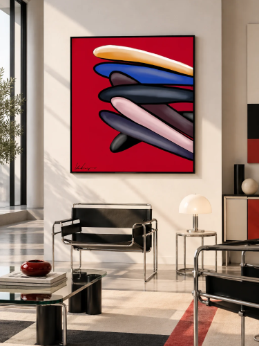 SOMETHING – nowoczesny obraz abstrakcyjny Katarzyny Jasyk, czerwona kompozycja na płótnie 100 × 110 cm.