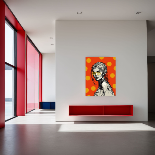 WOMAN WITH GLASSES – ORANGE. Designerski obraz na płótnie autorstwa Katarzyny Jasyk. Pop-art, modernizm, intensywne kolory. Odkryj kolekcję Ravenart.