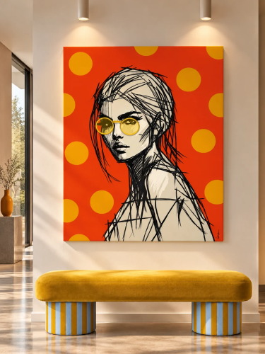 WOMAN WITH GLASSES – ORANGE. Designerski obraz na płótnie autorstwa Katarzyny Jasyk. Pop-art, modernizm, intensywne kolory. Odkryj kolekcję Ravenart.
