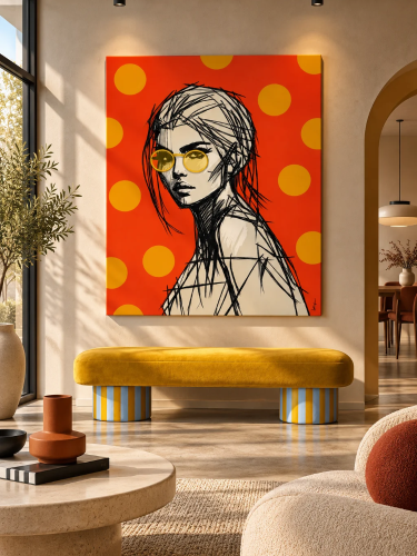 WOMAN WITH GLASSES – ORANGE. Designerski obraz na płótnie autorstwa Katarzyny Jasyk. Pop-art, modernizm, intensywne kolory. Odkryj kolekcję Ravenart.