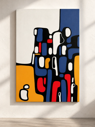 LONELINESS – abstrakcyjny obraz Katarzyny Jasyk w kolorach granatu, czerwieni, czerni i pomarańczu, 65 × 90 cm.