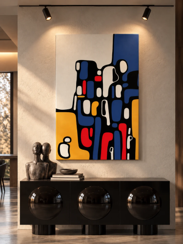 LONELINESS – abstrakcyjny obraz Katarzyny Jasyk w kolorach granatu, czerwieni, czerni i pomarańczu, 65 × 90 cm.