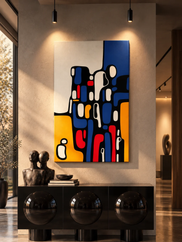 LONELINESS – abstrakcyjny obraz Katarzyny Jasyk w kolorach granatu, czerwieni, czerni i pomarańczu, 65 × 90 cm.