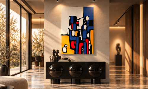 LONELINESS – abstrakcyjny obraz Katarzyny Jasyk w kolorach granatu, czerwieni, czerni i pomarańczu, 65 × 90 cm.