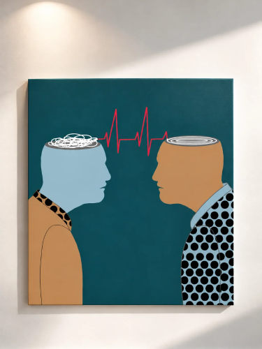 MESSAGE – nowoczesny obraz na płótnie 80 × 85 cm, dwie geometryczne sylwetki na turkusowym tle, Katarzyna Jasyk.