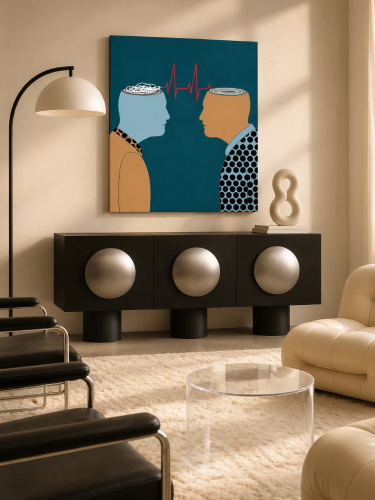 MESSAGE – nowoczesny obraz na płótnie 80 × 85 cm, dwie geometryczne sylwetki na turkusowym tle, Katarzyna Jasyk.