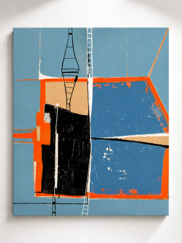 BRIDGE – nowoczesny obraz abstrakcyjny w kolorach błękitu, pomarańczu i czerni, Katarzyna Jasyk, 80 × 100 cm.