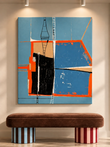 BRIDGE – nowoczesny obraz abstrakcyjny w kolorach błękitu, pomarańczu i czerni, Katarzyna Jasyk, 80 × 100 cm.