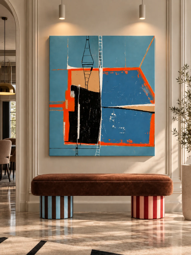 BRIDGE – nowoczesny obraz abstrakcyjny w kolorach błękitu, pomarańczu i czerni, Katarzyna Jasyk, 80 × 100 cm.