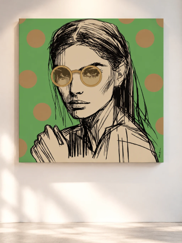 WOMAN WITH GLASSES GREEN – nowoczesny obraz na płótnie z portretem kobiety w okularach na zielonym tle, Katarzyna Jasyk, Ravenart.