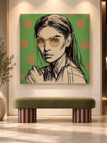 WOMAN WITH GLASSES GREEN – nowoczesny obraz na płótnie z portretem kobiety w okularach na zielonym tle, Katarzyna Jasyk, Ravenart.