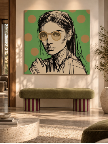WOMAN WITH GLASSES GREEN – nowoczesny obraz na płótnie z portretem kobiety w okularach na zielonym tle, Katarzyna Jasyk, Ravenart.