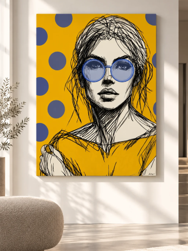 WOMAN WITH GLASSES YELLOW – nowoczesny obraz kobiety w niebieskich okularach na żółtym tle, Katarzyna Jasyk dla Ravenart
