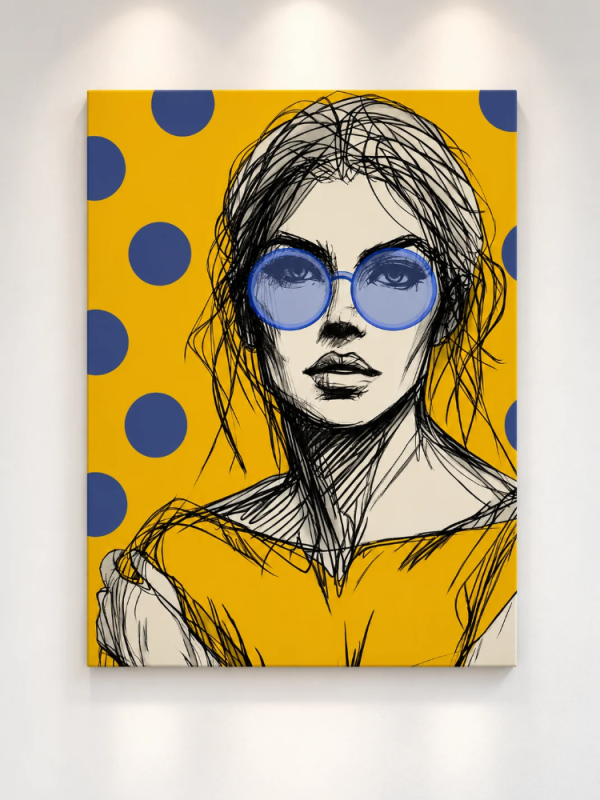 WOMAN WITH GLASSES YELLOW – nowoczesny obraz kobiety w niebieskich okularach na żółtym tle, Katarzyna Jasyk dla Ravenart