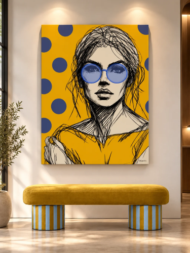 WOMAN WITH GLASSES YELLOW – nowoczesny obraz kobiety w niebieskich okularach na żółtym tle, Katarzyna Jasyk dla Ravenart