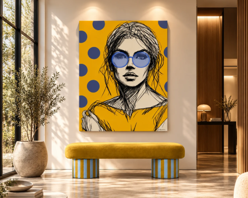WOMAN WITH GLASSES YELLOW – nowoczesny obraz kobiety w niebieskich okularach na żółtym tle, Katarzyna Jasyk dla Ravenart