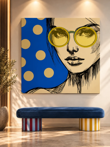 WOMAN WITH GLASSES BLUE – nowoczesny obraz kobiety w okrągłych okularach na niebieskim tle, Katarzyna Jasyk, Ravenart.