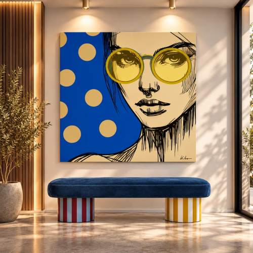 WOMAN WITH GLASSES BLUE – nowoczesny obraz kobiety w okrągłych okularach na niebieskim tle, Katarzyna Jasyk, Ravenart.