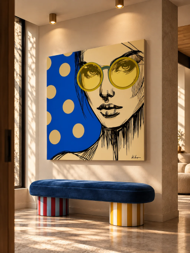 WOMAN WITH GLASSES BLUE – nowoczesny obraz kobiety w okrągłych okularach na niebieskim tle, Katarzyna Jasyk, Ravenart.