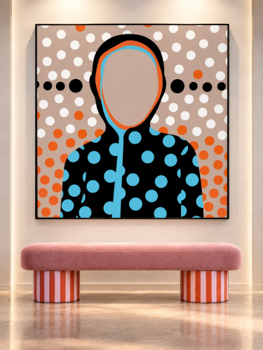 ON POINT – kolorowy obraz pop-art z geometrycznymi kropkami i sylwetką kobiety, Katarzyna Jasyk dla Ravenart.