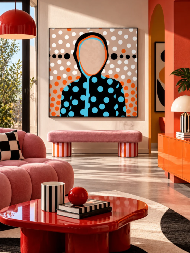 ON POINT – kolorowy obraz pop-art z geometrycznymi kropkami i sylwetką kobiety, Katarzyna Jasyk dla Ravenart.