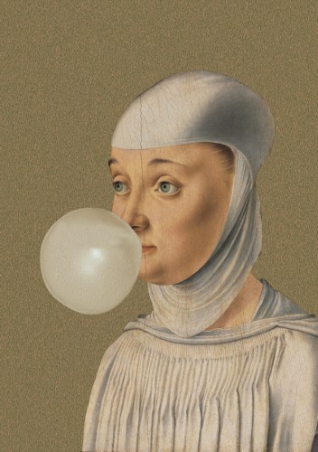 GRAFIKA NA PŁÓTNIE - Kobieta z Gumą Balonową OLIWKOWY