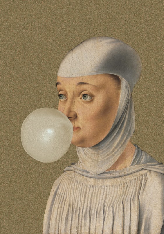 GRAFIKA NA PŁÓTNIE - Kobieta z Gumą Balonową OLIWKOWY
