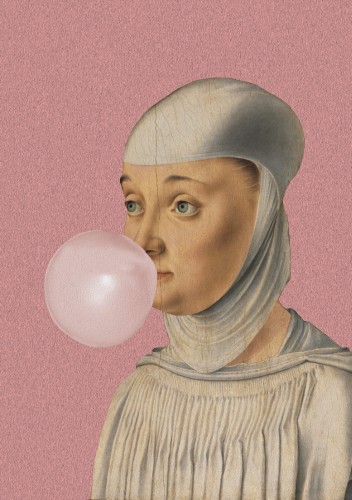 GRAFIKA NA PŁÓTNIE - Kobieta z Gumą Balonową RÓŻOWY
