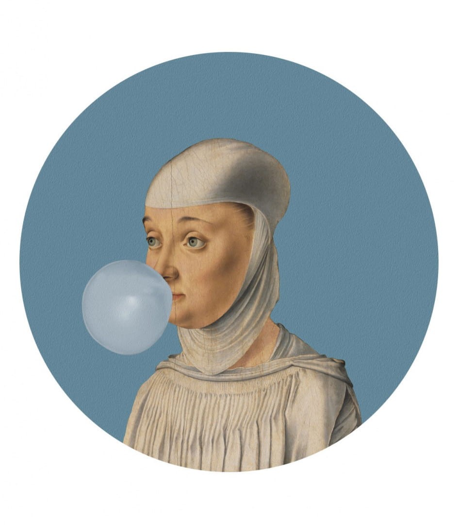 Mural DOTS - Kobieta z Gumą Balonową NIEBIESKI